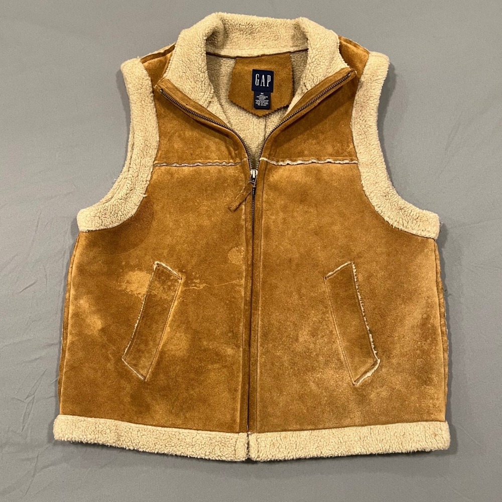 GAP Vintage Suede Leather Faux Shearling Vest Tan Brown Medium Full Zip Sherpa